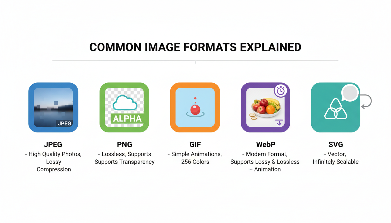Common Image Formats: JPEG, PNG, GIF, WebP, SVG