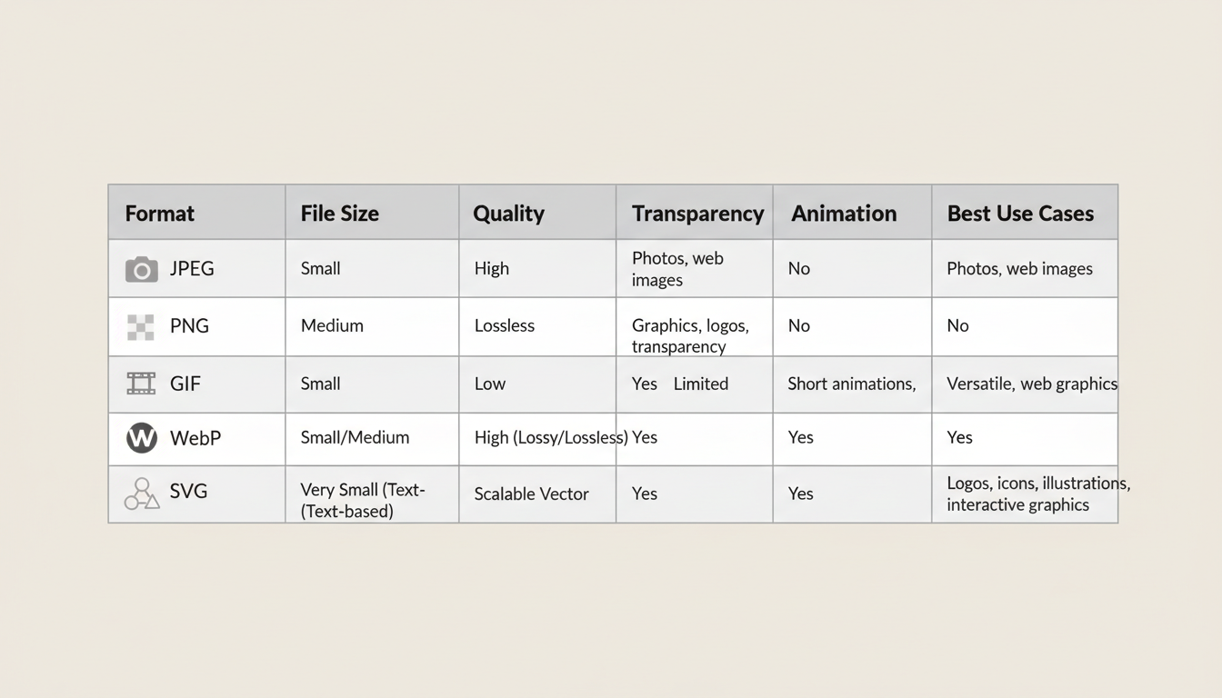 Comparison table of image formats: JPEG, PNG, GIF, WebP, SVG